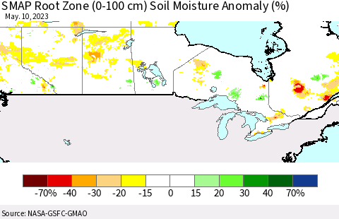 Canada SMAP Root Zone (0-100 cm) Soil Moisture Anomaly (%) Thematic Map For 5/6/2023 - 5/10/2023