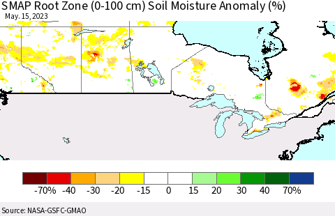 Canada SMAP Root Zone (0-100 cm) Soil Moisture Anomaly (%) Thematic Map For 5/11/2023 - 5/15/2023