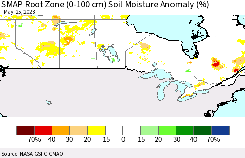 Canada SMAP Root Zone (0-100 cm) Soil Moisture Anomaly (%) Thematic Map For 5/21/2023 - 5/25/2023