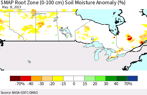 Canada SMAP Root Zone (0-100 cm) Soil Moisture Anomaly (%) Thematic Map For 5/26/2023 - 5/31/2023