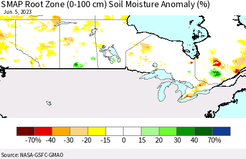 Canada SMAP Root Zone (0-100 cm) Soil Moisture Anomaly (%) Thematic Map For 6/1/2023 - 6/5/2023