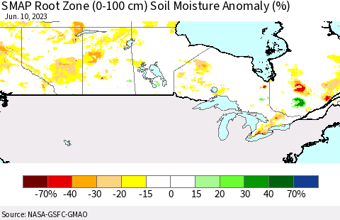 Canada SMAP Root Zone (0-100 cm) Soil Moisture Anomaly (%) Thematic Map For 6/6/2023 - 6/10/2023