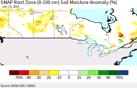 Canada SMAP Root Zone (0-100 cm) Soil Moisture Anomaly (%) Thematic Map For 6/11/2023 - 6/15/2023