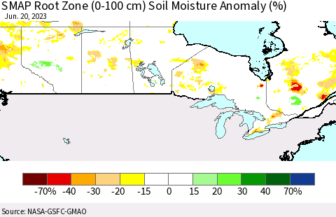 Canada SMAP Root Zone (0-100 cm) Soil Moisture Anomaly (%) Thematic Map For 6/16/2023 - 6/20/2023
