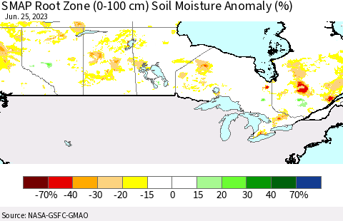 Canada SMAP Root Zone (0-100 cm) Soil Moisture Anomaly (%) Thematic Map For 6/21/2023 - 6/25/2023