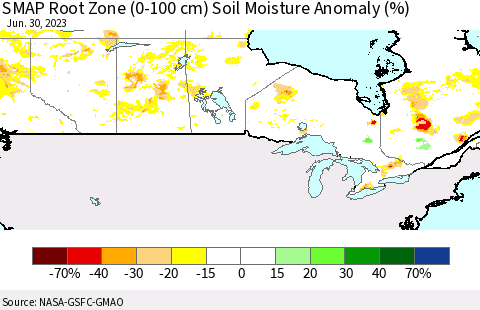 Canada SMAP Root Zone (0-100 cm) Soil Moisture Anomaly (%) Thematic Map For 6/26/2023 - 6/30/2023