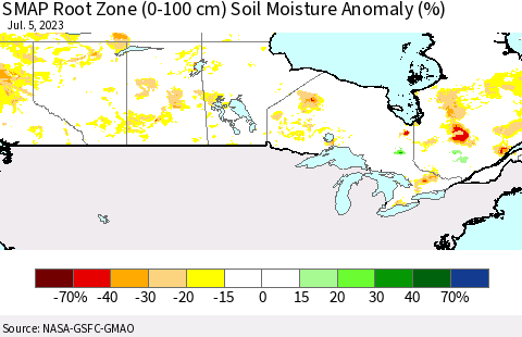 Canada SMAP Root Zone (0-100 cm) Soil Moisture Anomaly (%) Thematic Map For 7/1/2023 - 7/5/2023