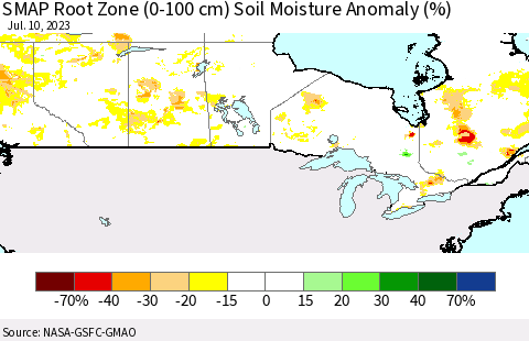 Canada SMAP Root Zone (0-100 cm) Soil Moisture Anomaly (%) Thematic Map For 7/6/2023 - 7/10/2023