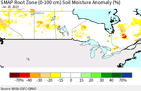 Canada SMAP Root Zone (0-100 cm) Soil Moisture Anomaly (%) Thematic Map For 7/16/2023 - 7/20/2023