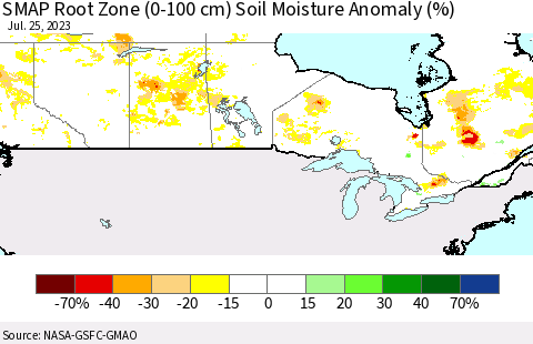 Canada SMAP Root Zone (0-100 cm) Soil Moisture Anomaly (%) Thematic Map For 7/21/2023 - 7/25/2023