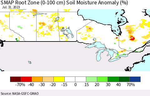 Canada SMAP Root Zone (0-100 cm) Soil Moisture Anomaly (%) Thematic Map For 7/26/2023 - 7/31/2023