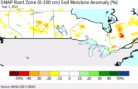 Canada SMAP Root Zone (0-100 cm) Soil Moisture Anomaly (%) Thematic Map For 8/1/2023 - 8/5/2023