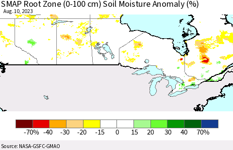 Canada SMAP Root Zone (0-100 cm) Soil Moisture Anomaly (%) Thematic Map For 8/6/2023 - 8/10/2023