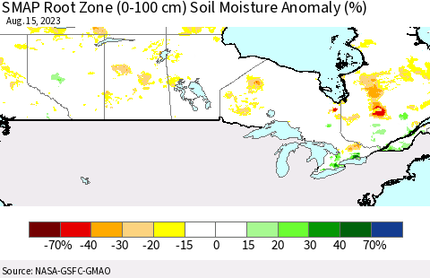 Canada SMAP Root Zone (0-100 cm) Soil Moisture Anomaly (%) Thematic Map For 8/11/2023 - 8/15/2023