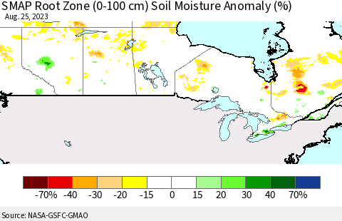 Canada SMAP Root Zone (0-100 cm) Soil Moisture Anomaly (%) Thematic Map For 8/21/2023 - 8/25/2023