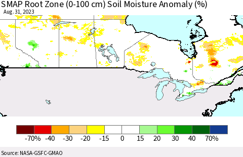 Canada SMAP Root Zone (0-100 cm) Soil Moisture Anomaly (%) Thematic Map For 8/26/2023 - 8/31/2023