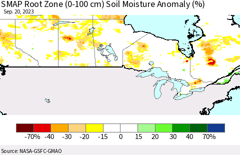 Canada SMAP Root Zone (0-100 cm) Soil Moisture Anomaly (%) Thematic Map For 9/16/2023 - 9/20/2023