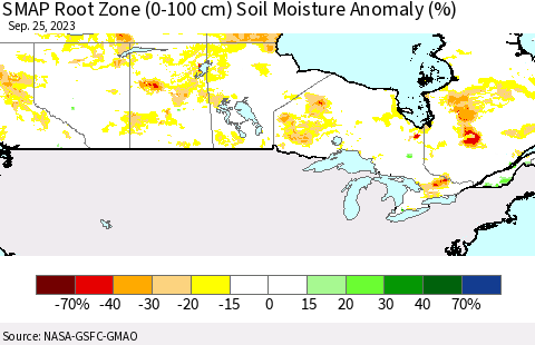 Canada SMAP Root Zone (0-100 cm) Soil Moisture Anomaly (%) Thematic Map For 9/21/2023 - 9/25/2023
