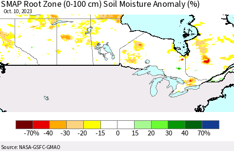 Canada SMAP Root Zone (0-100 cm) Soil Moisture Anomaly (%) Thematic Map For 10/6/2023 - 10/10/2023