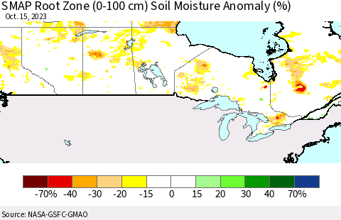 Canada SMAP Root Zone (0-100 cm) Soil Moisture Anomaly (%) Thematic Map For 10/11/2023 - 10/15/2023