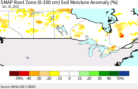 Canada SMAP Root Zone (0-100 cm) Soil Moisture Anomaly (%) Thematic Map For 10/21/2023 - 10/25/2023