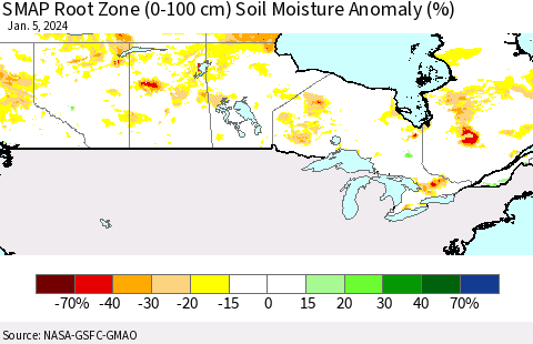 Canada SMAP Root Zone (0-100 cm) Soil Moisture Anomaly (%) Thematic Map For 1/1/2024 - 1/5/2024
