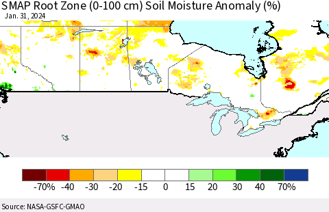Canada SMAP Root Zone (0-100 cm) Soil Moisture Anomaly (%) Thematic Map For 1/26/2024 - 1/31/2024