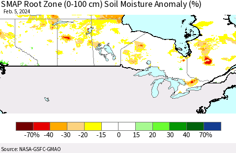 Canada SMAP Root Zone (0-100 cm) Soil Moisture Anomaly (%) Thematic Map For 2/1/2024 - 2/5/2024