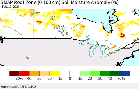Canada SMAP Root Zone (0-100 cm) Soil Moisture Anomaly (%) Thematic Map For 2/6/2024 - 2/10/2024