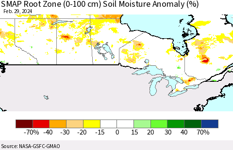 Canada SMAP Root Zone (0-100 cm) Soil Moisture Anomaly (%) Thematic Map For 2/26/2024 - 2/29/2024