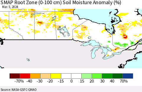 Canada SMAP Root Zone (0-100 cm) Soil Moisture Anomaly (%) Thematic Map For 3/1/2024 - 3/5/2024