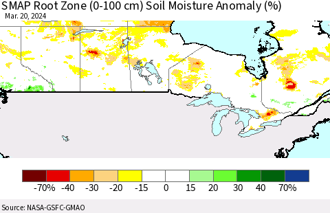 Canada SMAP Root Zone (0-100 cm) Soil Moisture Anomaly (%) Thematic Map For 3/16/2024 - 3/20/2024