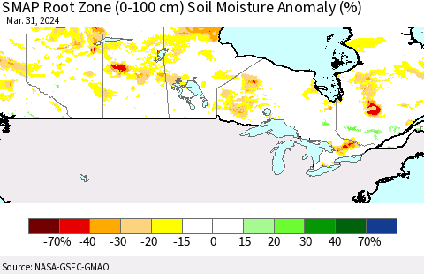 Canada SMAP Root Zone (0-100 cm) Soil Moisture Anomaly (%) Thematic Map For 3/26/2024 - 3/31/2024
