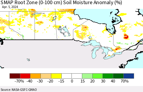 Canada SMAP Root Zone (0-100 cm) Soil Moisture Anomaly (%) Thematic Map For 4/1/2024 - 4/5/2024