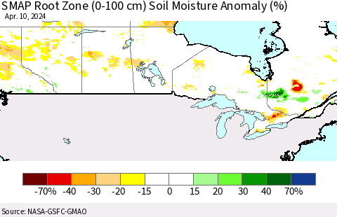 Canada SMAP Root Zone (0-100 cm) Soil Moisture Anomaly (%) Thematic Map For 4/6/2024 - 4/10/2024