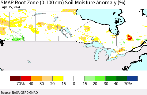 Canada SMAP Root Zone (0-100 cm) Soil Moisture Anomaly (%) Thematic Map For 4/11/2024 - 4/15/2024
