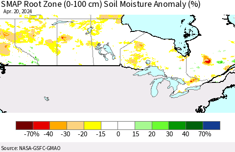 Canada SMAP Root Zone (0-100 cm) Soil Moisture Anomaly (%) Thematic Map For 4/16/2024 - 4/20/2024