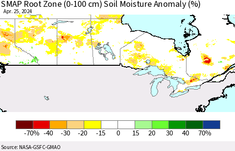 Canada SMAP Root Zone (0-100 cm) Soil Moisture Anomaly (%) Thematic Map For 4/21/2024 - 4/25/2024