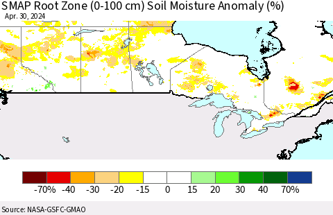 Canada SMAP Root Zone (0-100 cm) Soil Moisture Anomaly (%) Thematic Map For 4/26/2024 - 4/30/2024