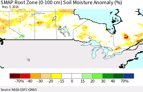 Canada SMAP Root Zone (0-100 cm) Soil Moisture Anomaly (%) Thematic Map For 5/1/2024 - 5/5/2024