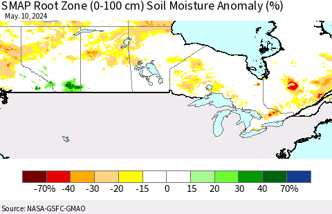 Canada SMAP Root Zone (0-100 cm) Soil Moisture Anomaly (%) Thematic Map For 5/6/2024 - 5/10/2024