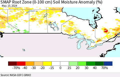 Canada SMAP Root Zone (0-100 cm) Soil Moisture Anomaly (%) Thematic Map For 5/11/2024 - 5/15/2024