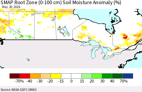 Canada SMAP Root Zone (0-100 cm) Soil Moisture Anomaly (%) Thematic Map For 5/16/2024 - 5/20/2024