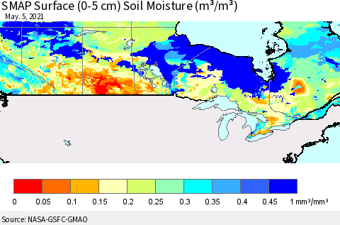 Canada SMAP Surface (0-5 cm) Soil Moisture (m³/m³) Thematic Map For 5/1/2021 - 5/5/2021