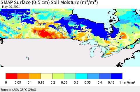 Canada SMAP Surface (0-5 cm) Soil Moisture (m³/m³) Thematic Map For 5/6/2021 - 5/10/2021