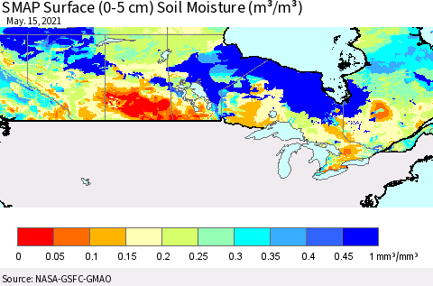 Canada SMAP Surface (0-5 cm) Soil Moisture (m³/m³) Thematic Map For 5/11/2021 - 5/15/2021