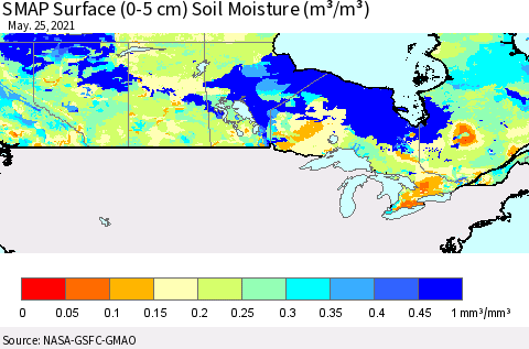 Canada SMAP Surface (0-5 cm) Soil Moisture (m³/m³) Thematic Map For 5/21/2021 - 5/25/2021