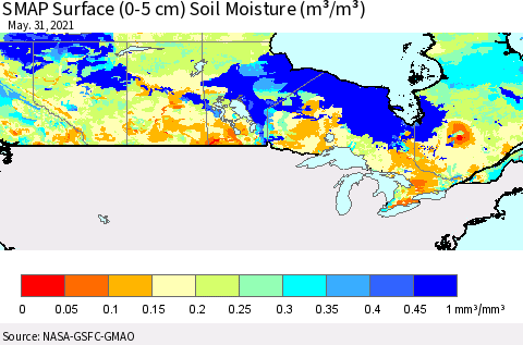 Canada SMAP Surface (0-5 cm) Soil Moisture (m³/m³) Thematic Map For 5/26/2021 - 5/31/2021