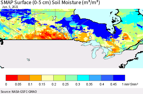 Canada SMAP Surface (0-5 cm) Soil Moisture (m³/m³) Thematic Map For 6/1/2021 - 6/5/2021