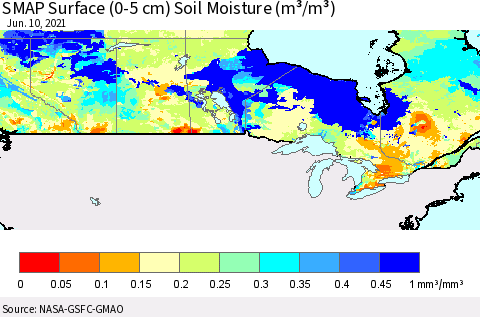 Canada SMAP Surface (0-5 cm) Soil Moisture (m³/m³) Thematic Map For 6/6/2021 - 6/10/2021